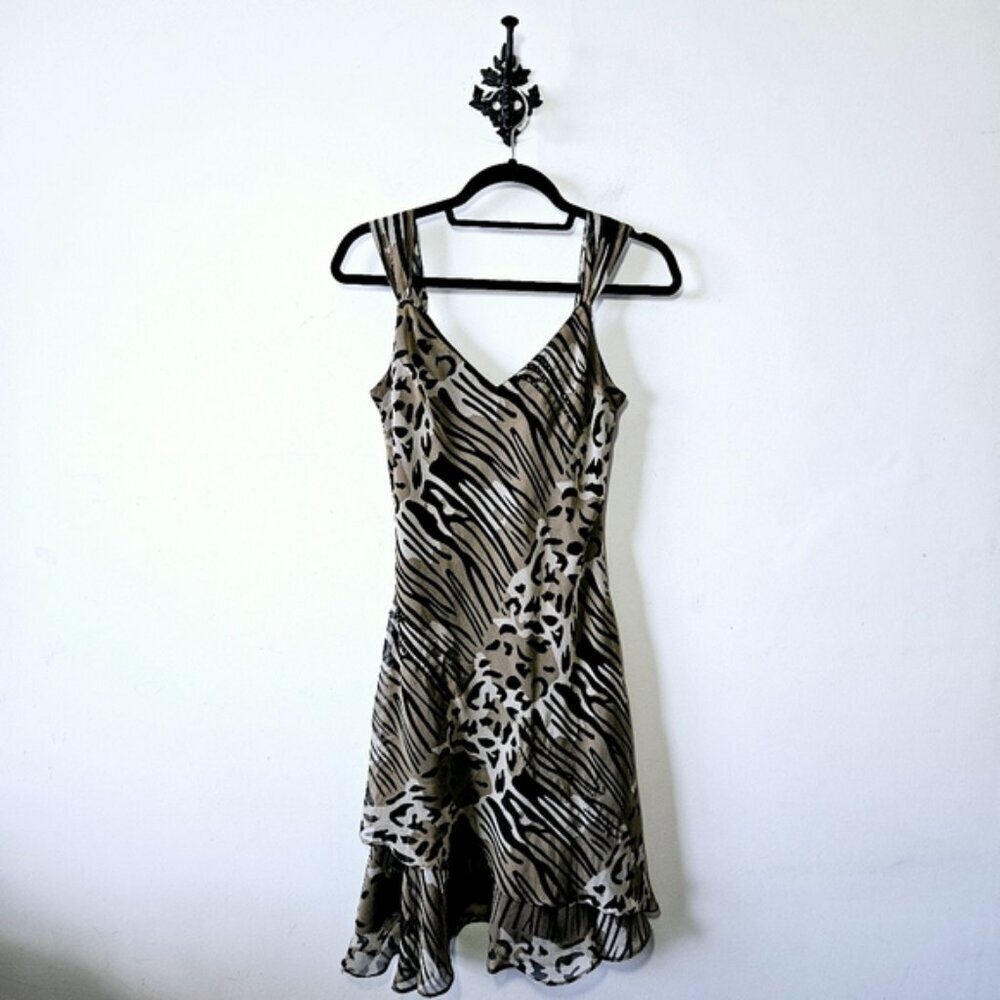 Vintage Y2K 90s Daniel Laurent Midi Slip Dress Size M Ruffle Animal Print Beaded